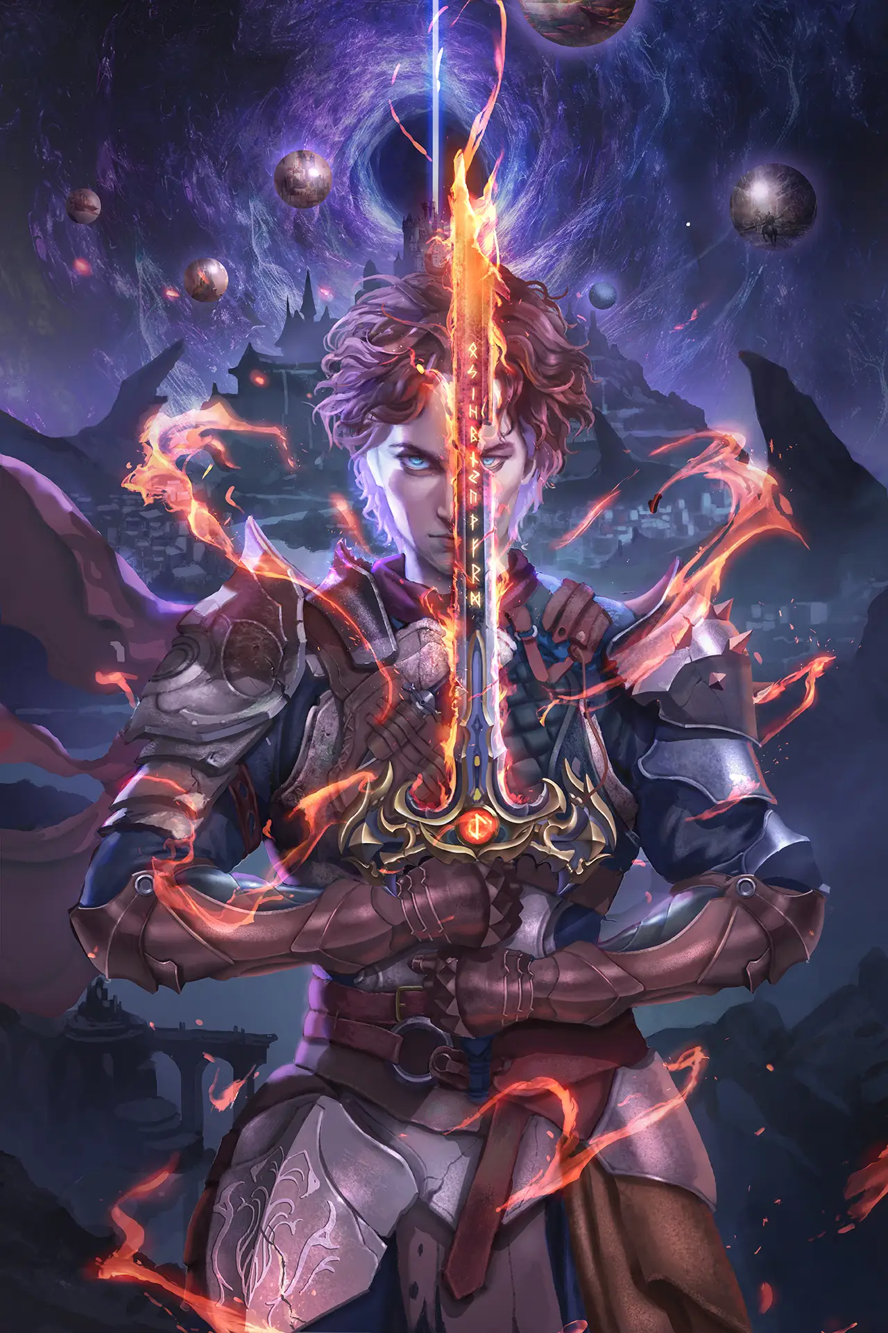 Fantasy character illustration by Wei Chang: a knight wielding a flaming rune sword
