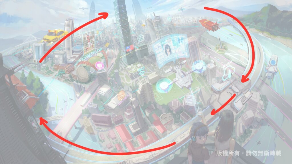 Annotated view showing the composition's visual flow through the scene