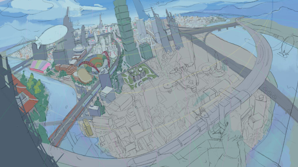 Base color blocking pass over the cityscape line art