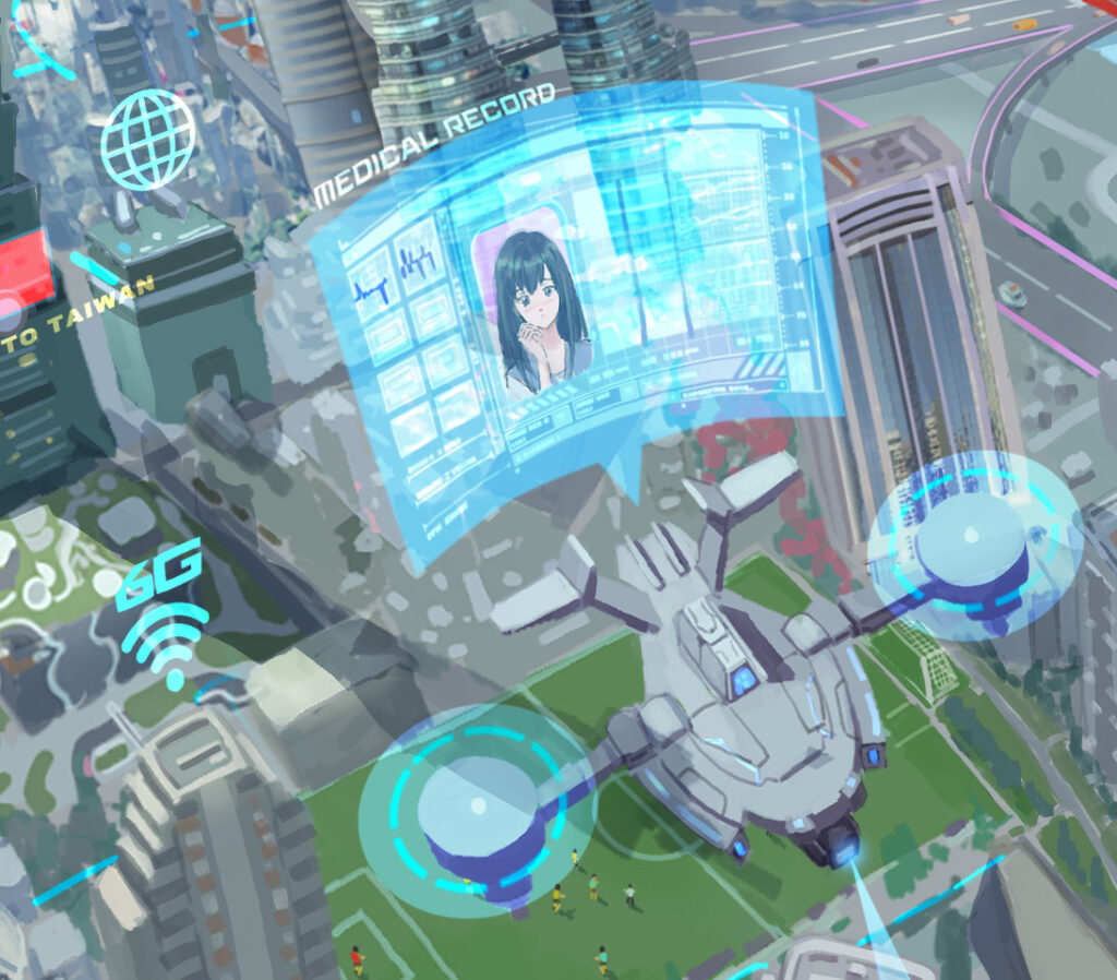 Close-up of holographic signs and effects across the future city