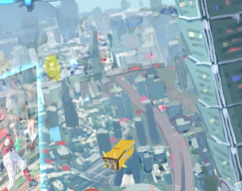 Close-up showing scattered square-brush dots forming an implied distant skyline