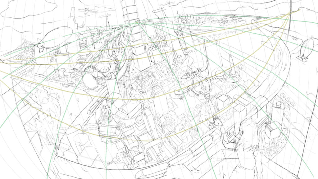 Line art of the fisheye bird's-eye cityscape with Taipei 101 at center