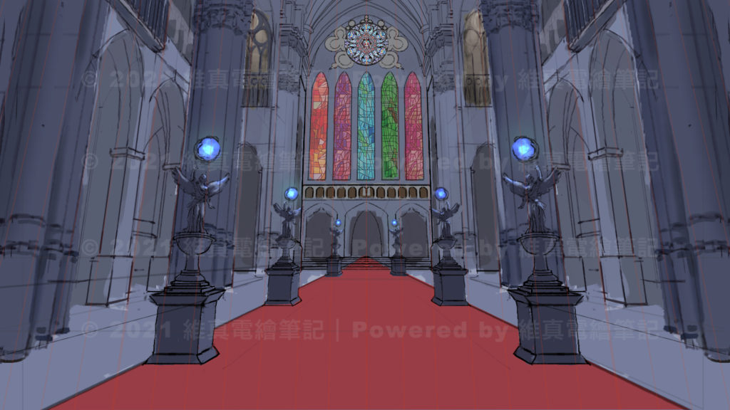 Scene with base colors applied and no lighting