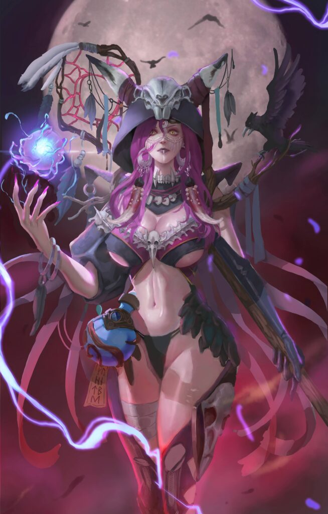 Book cover of a shaman witch with a full moon and crows