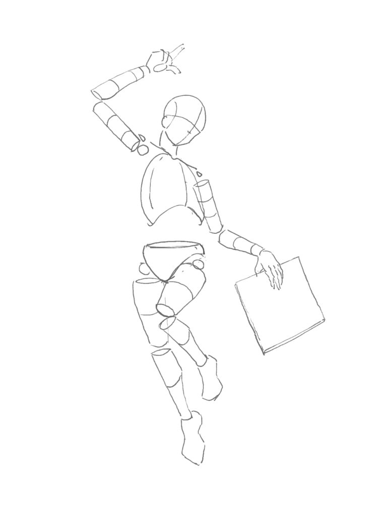 Figure blocked in as transparent geometric solids to plan the gesture