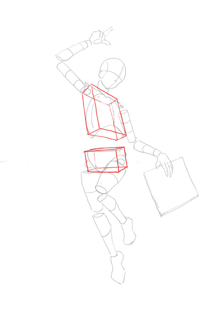 Student homework geometrizing the torso as boxes in perspective