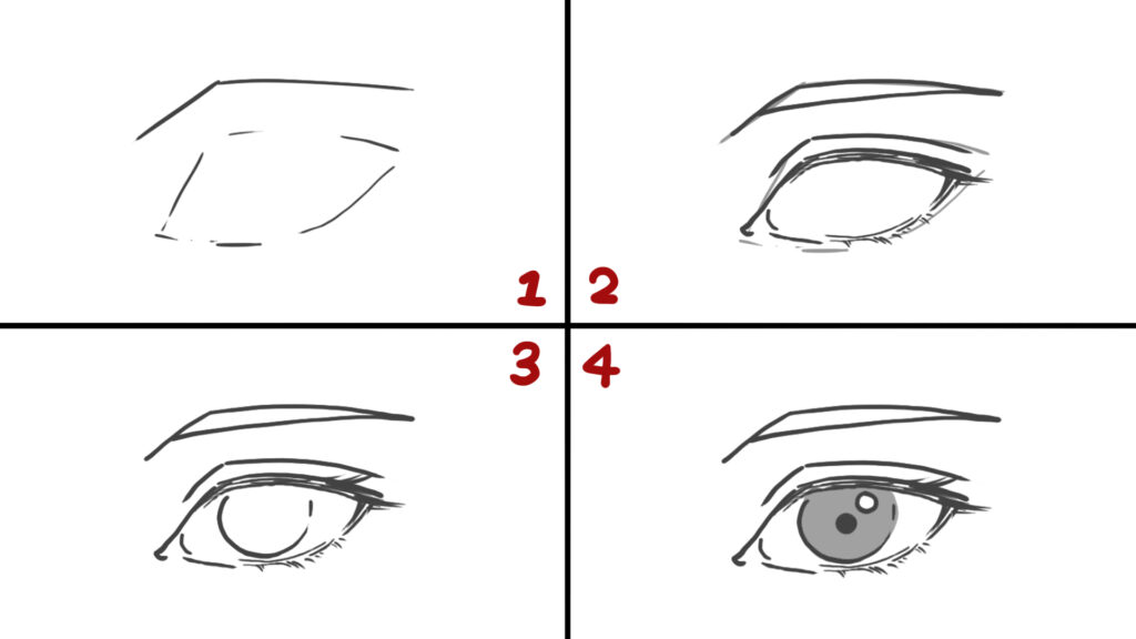 Step-by-step breakdown of drawing eye line art