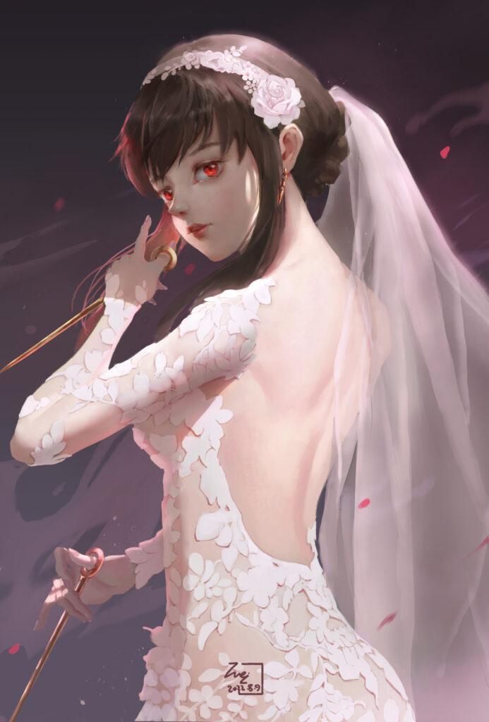 Finished grayscale character painting with refined lighting