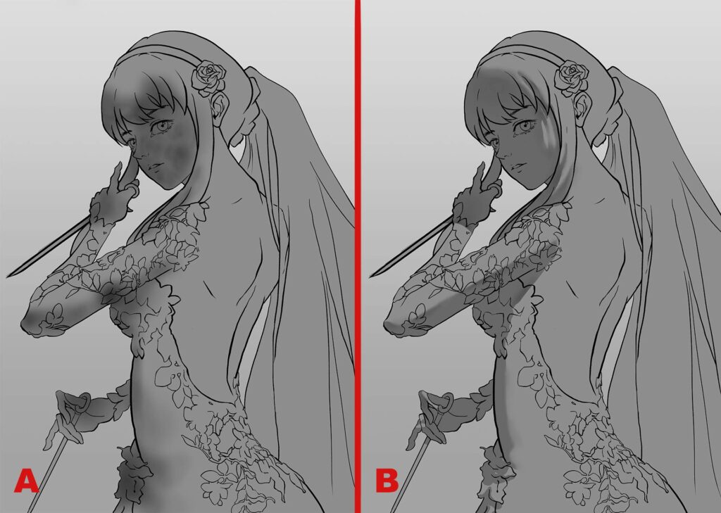 Character painting with large, complete shadow shapes