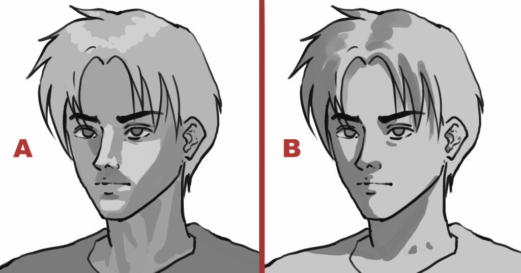 Comparison of a head lit piece-by-piece versus lit as one complete form