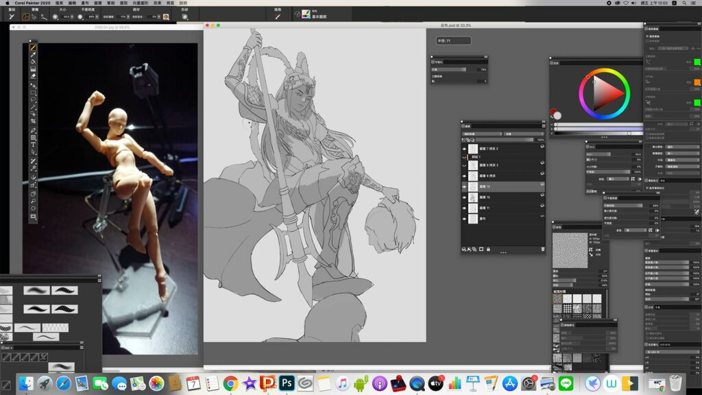 Figure model lighting reference beside the painting in progress and final artwork