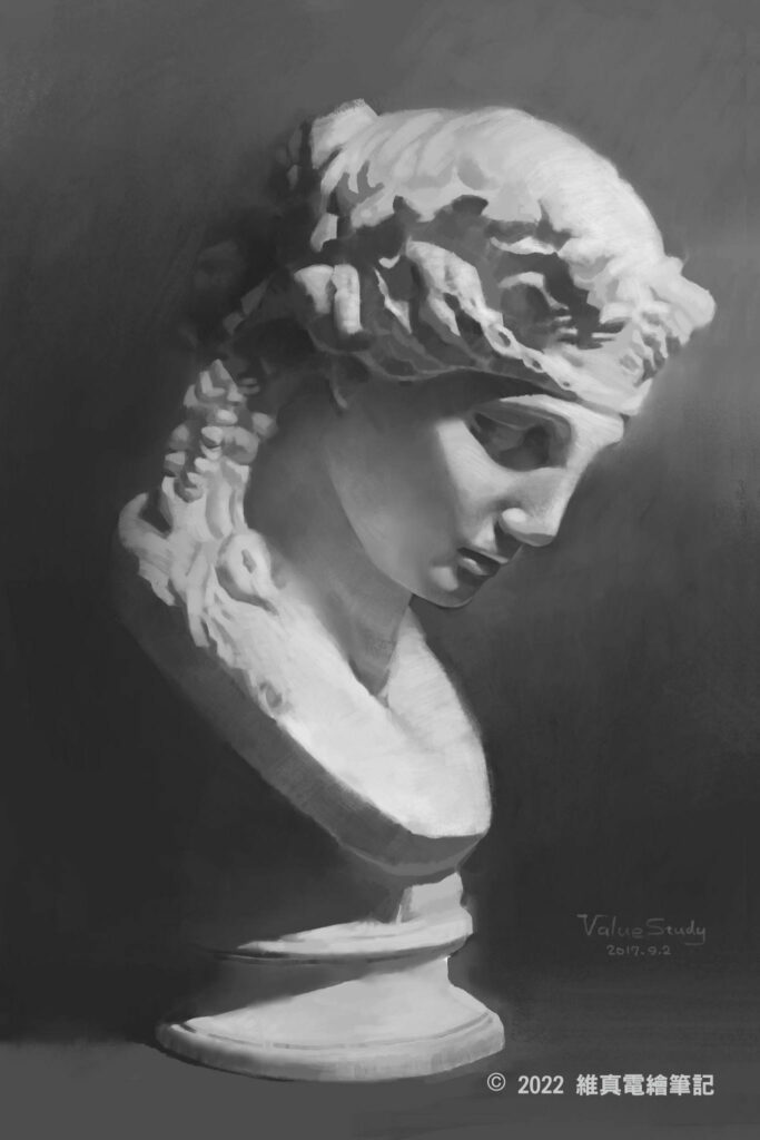 Plaster cast study simplified into lit and unlit zones