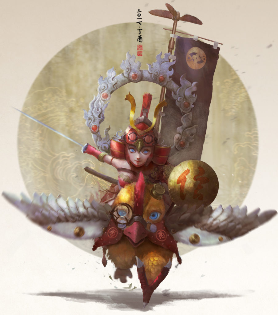 Knight in biblical armor riding a divine rooster