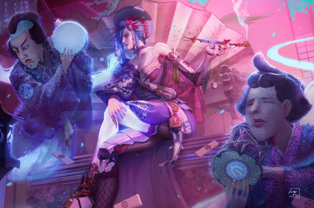 Cyberpunk casino proprietress character with holographic dice spirits