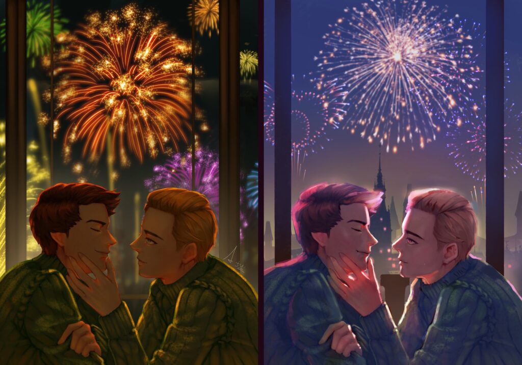 Before-and-after of a student's night scene with cool diffused light added