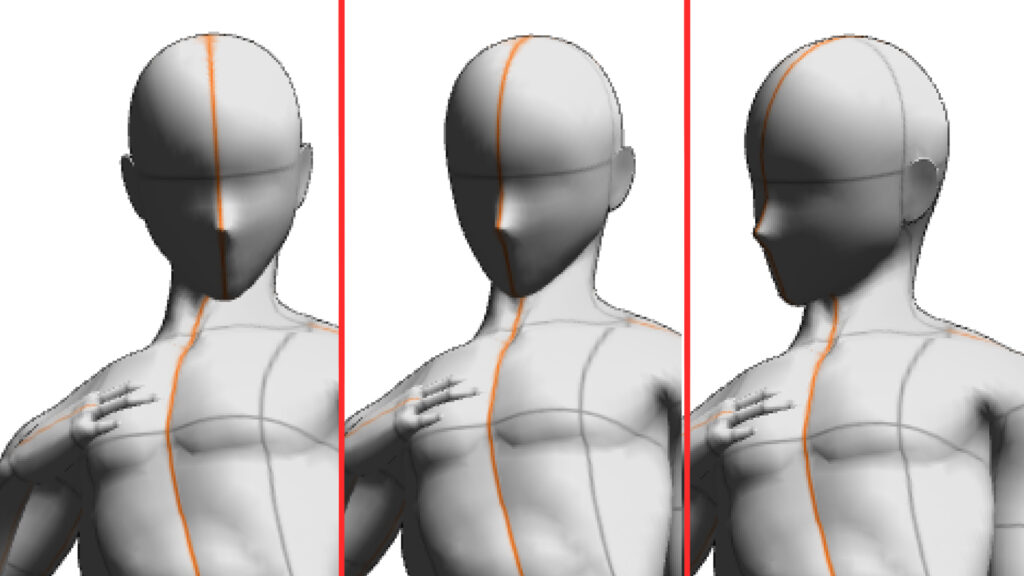 Clip Studio's built-in 3D mannequin rotated through different angles