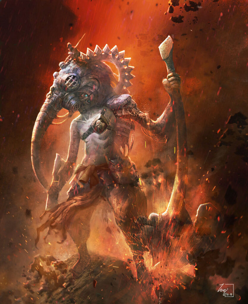 Impasto character painting showing varied material textures