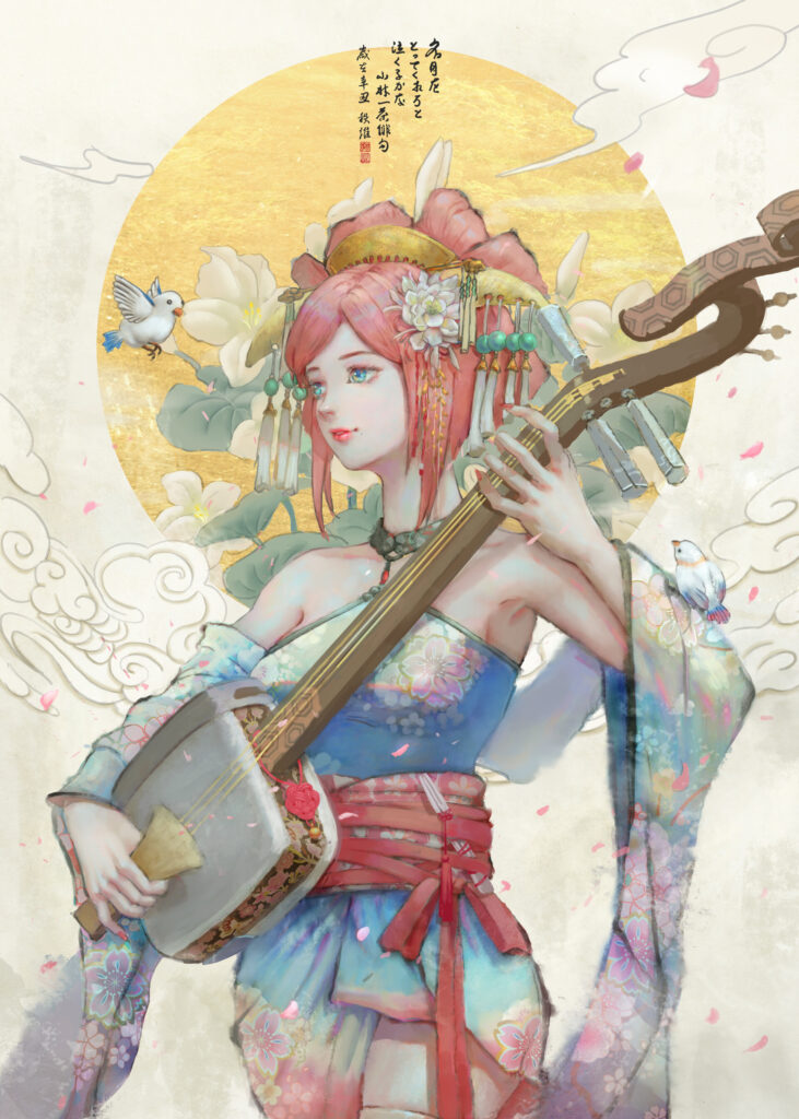 Impasto painting of a geisha playing the shamisen